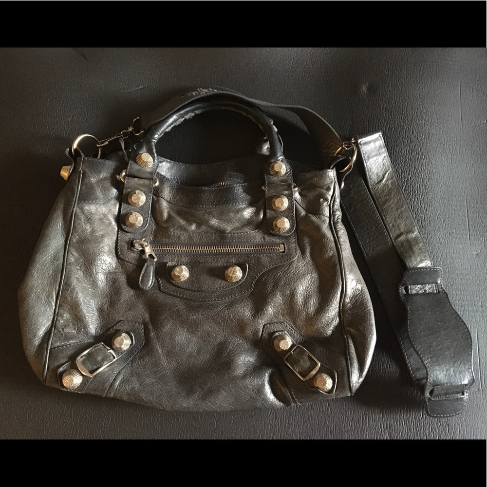 Balenciaga Antracite Leather Giant Silver Moto Bag